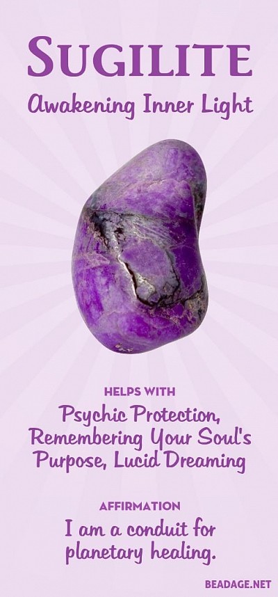 A purple Sugilite gemstone with text overlay.