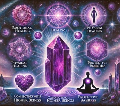 This image depicts a purple crystal at its center, surrounded by various phrases representing its potential benefits: