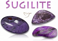 Three polished Sugilite gemstones in shades of purple.